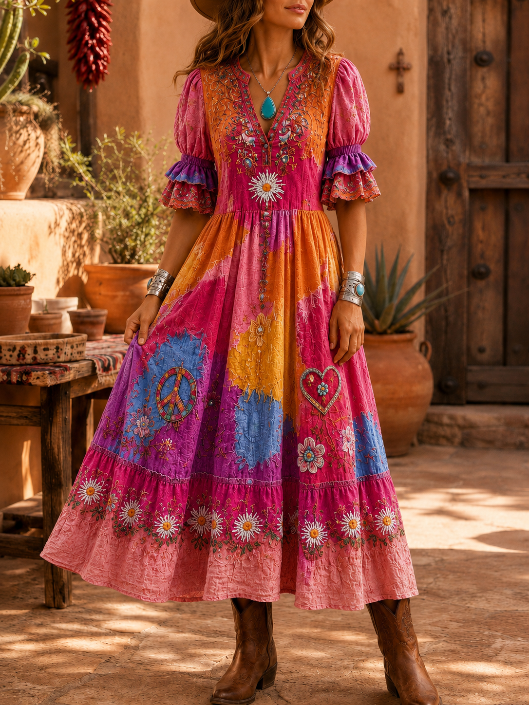 Women's Retro Art Print Washed Cotton Lace Patchwork Midi Dress